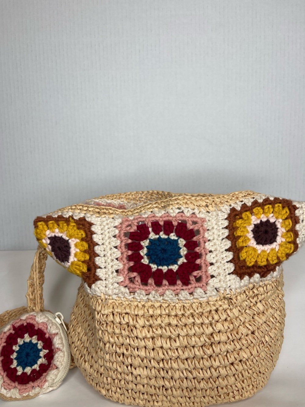 Zara Boho Crochet Straw WovenBag Granny Square Patchwork Festival Coastal Hippie - Picture 4 of 12